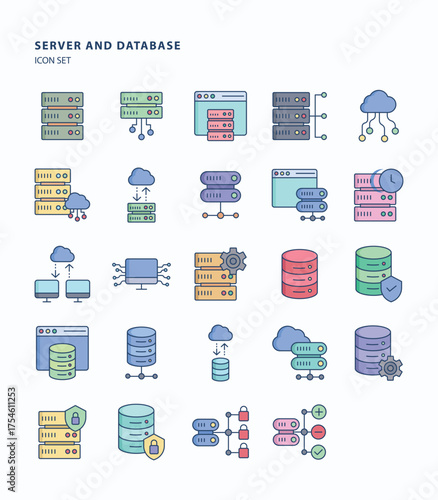 Server and database linear color  icon set, Its including icons like cloud data, storage, Server