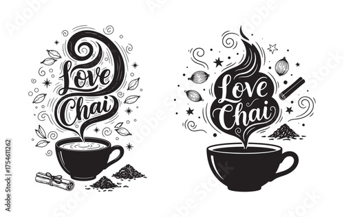 Love Chai Illustration – Hand Drawn Romantic Masala Chai Cup with Spices, Steam, and Decorative Elements