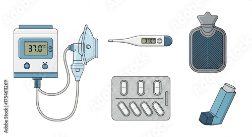 Collection of medical equipment for respiratory illness. Vector illustration of a nebulizer, inhaler, thermometer, and medicine. Healthcare concept on a white background