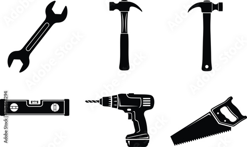 Silhouette vector of wrench, hammer, drill, saw, spirit level, construction tools, black icons, DIY equipment, carpentry, repair, hardware, isolated set