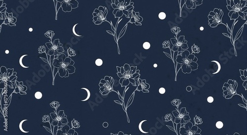 Seamless celestial floral pattern with line art flowers and moons. Mystical botanical illustration on a dark navy blue background. Elegant night sky and cosmos concept