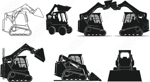 Skid steer loader vector set, construction equipment silhouette, heavy machinery illustration, bucket positions, industrial vehicle, black and white graphic, editable EPS