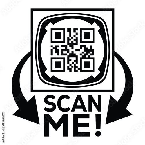 A bold, black and white vector graphic featuring a QR code centered in a square with targeting marks. Large arrows point to the text "SCAN ME!", creating a compelling call-to-action for immediate digi