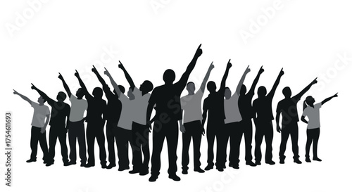 Enthusiastic Crowd Silhouette Pointing Upwards, Celebrating Success and Achievement