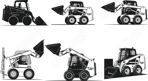 Skid-steer loader vector set, construction equipment illustration, Bobcat machine with bucket, heavy machinery in motion, industrial vehicle angles, compact digger