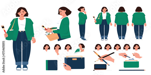 Artist Woman Character with Various Poses and Art Supplies Vector