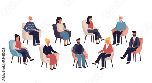 Diverse Group Therapy Illustration of People Sitting in a Circle, Promoting Mental Wellness