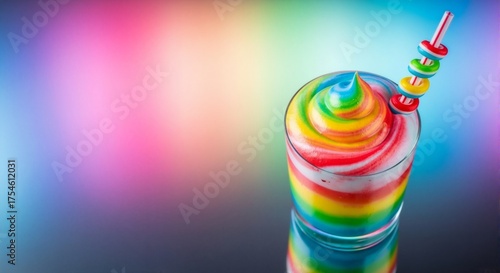 Vibrant rainbow slushie drink in a tall glass. Colorful frozen dessert for a summer party. Festive background with copy space