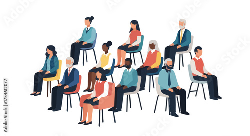 Diverse audience of people sitting in chairs for a presentation or conference, a conceptual vector illustration