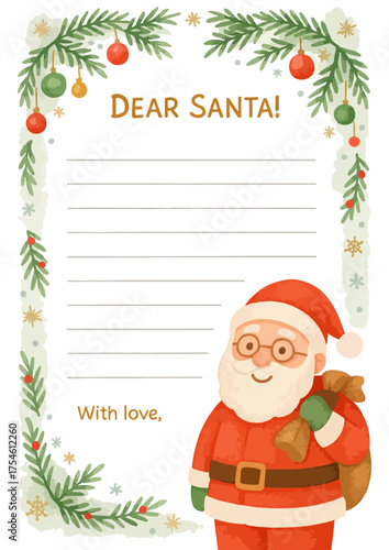 Dear Santa letter template with cute Santa Claus, ornaments and fir branches. Blank card with seasonal winter holiday design. Perfect for kids Christmas wish lists, printables and holiday stationery.