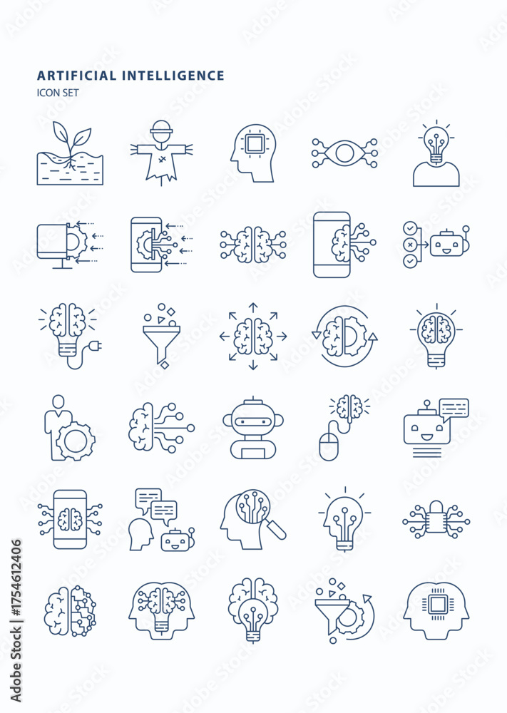 Fototapeta premium Artificial intelligence and machine learning outline icon set, Its including icons like tag