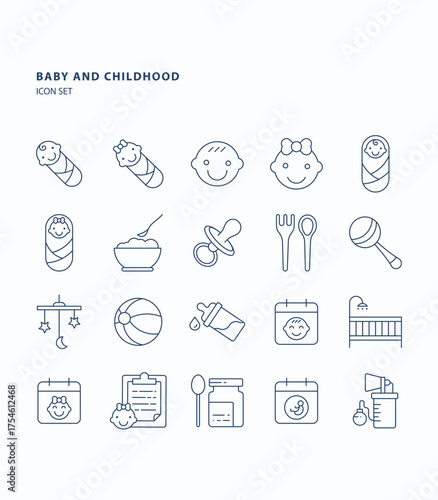 Baby and childhood outline  icon set, Its including icons like Milk bottle, breast pump and Report