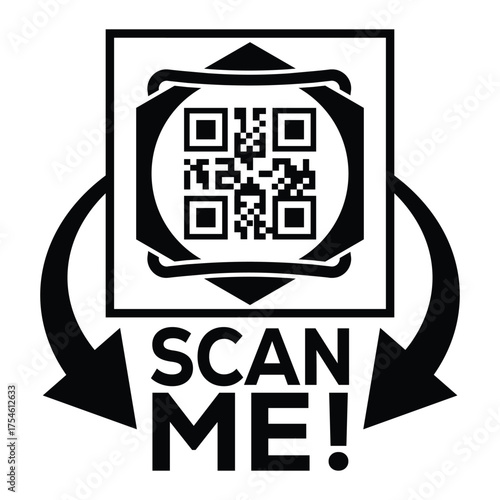 A bold, black and white vector graphic featuring a QR code centered in a square with targeting marks. Large arrows point to the text "SCAN ME!", creating a compelling call-to-action for immediate digi