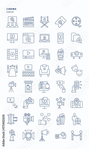 Cinema and movie outline  icon set, Its including icons like film, director chair, online streaming