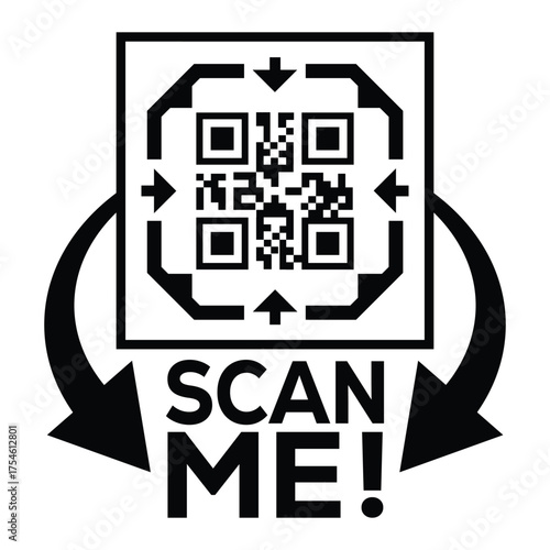 A bold, black and white vector graphic featuring a QR code centered in a square with targeting marks. Large arrows point to the text "SCAN ME!", creating a compelling call-to-action for immediate digi