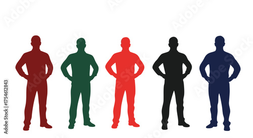 Diverse Group of Silhouetted Figures Standing Together in Various Colors