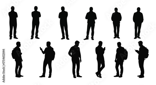Collection of Male Silhouettes Standing in Various Poses and Engaged in Activities