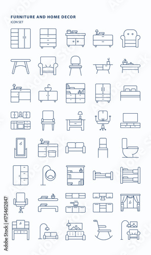 Furniture and home decor outline  icon set, Its including icons like Chair, Kitchen, interiors and book shelf