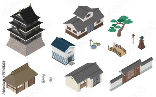 アイソメトリックイラスト：和風建築物セット