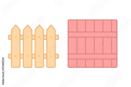Simple wooden picket fence and solid panel wall elements isolated on a clean background