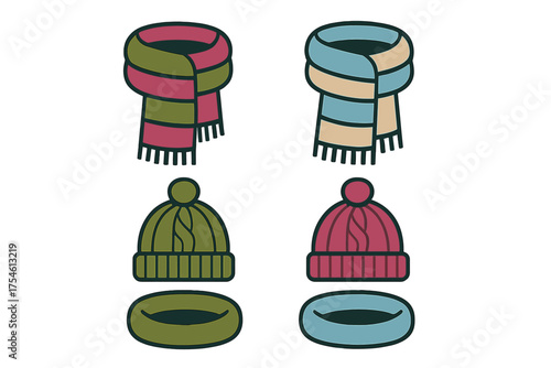 Colorful set of warm winter accessories including striped scarves and knit beanies with pom poms