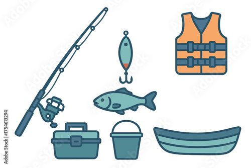 Collection of essential fishing equipment including rod, reel, tackle box, life vest, and boat