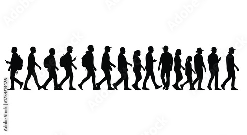 Diverse Group of People Silhouetted Walking Together in a Line, Representing Community, Journey, and Forward Movement on a Plain White Background