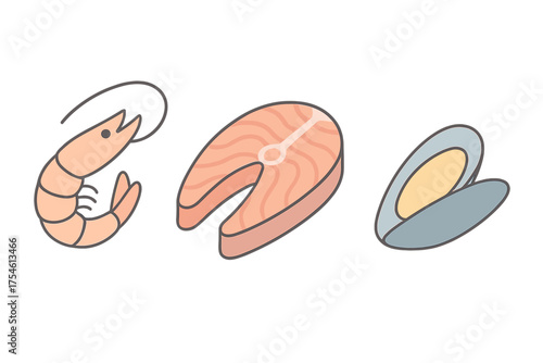 Raw salmon steak, pink shrimp, and blue mussel shell selection on white background