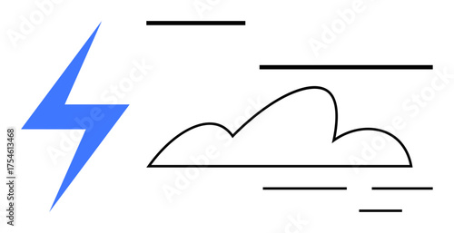 Blue lightning bolt, outlined cloud, and dynamic horizontal lines symbolize weather, energy, electricity, speed, power, and transformation. Ideal for technology innovation energy weather