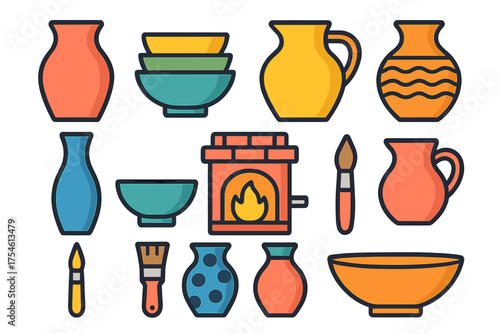 Colorful set of ceramic pottery vessels, bowls, jugs, vases, and a firing kiln icons