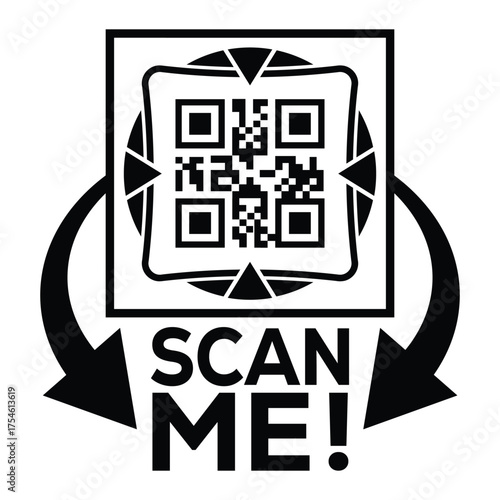 A bold, black and white vector graphic featuring a QR code centered in a square with targeting marks. Large arrows point to the text "SCAN ME!", creating a compelling call-to-action for immediate digi
