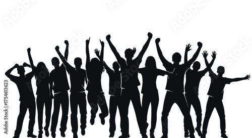 Celebratory group silhouette raising hands in unison, embodying collective happiness, shared success, victory, and the spirit of enthusiastic participation
