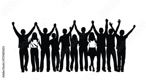 A graphic silhouette of a diverse group of people celebrating success and unity, holding hands with their arms raised in triumph