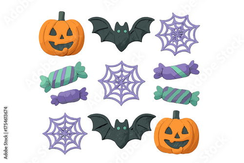 Playful Halloween symbols including jack-o'-lanterns, bats, spiderwebs, and striped wrapped candies