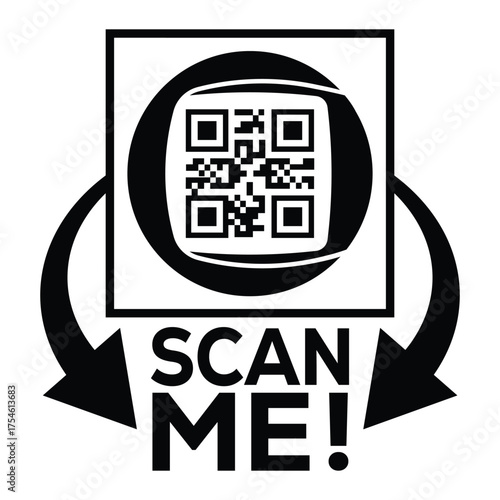 A bold, black and white vector graphic featuring a QR code centered in a square with targeting marks. Large arrows point to the text "SCAN ME!", creating a compelling call-to-action for immediate digi