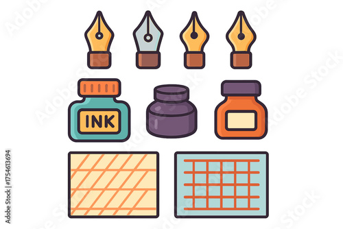 Classic writing instruments and graphic design elements featuring fountain pen nibs and ink bottles
