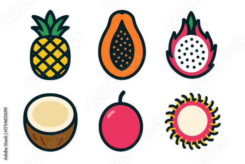 Colorful collection of tropical fruits including pineapple, papaya, coconut, and dragon fruit