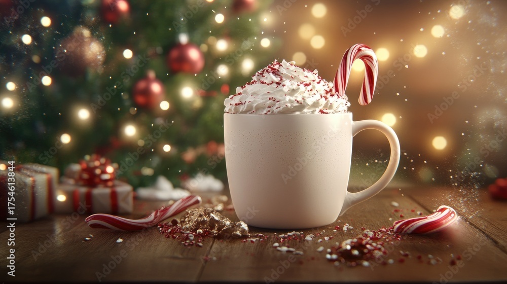 Fototapeta premium Festive hot chocolate with whipped cream and candy cane decoration in holiday setting