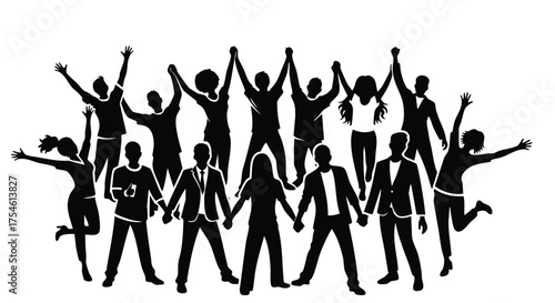 Diverse group of people holding hands in celebration, symbolizing unity, community, and friendship