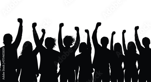 Dynamic concept of collective human power expressed through a silhouette of people raising fists, embodying protest, unity, and determination for social change