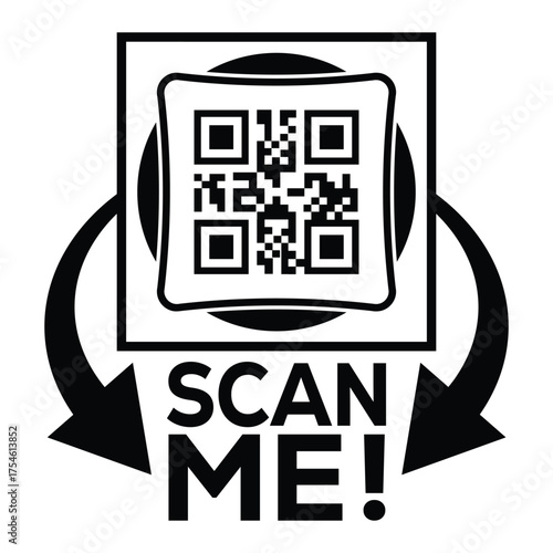 A bold, black and white vector graphic featuring a QR code centered in a square with targeting marks. Large arrows point to the text "SCAN ME!", creating a compelling call-to-action for immediate digi