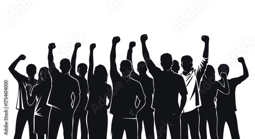 Vector illustration of a diverse group of people raising their fists in unison, symbolizing protest, social justice, human rights, and a call for change