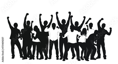 Crowd of people cheering with raised arms in silhouette, symbolizing unity and support