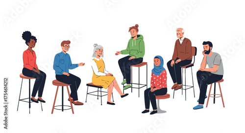 Diverse group of people of different ages and ethnicities in a group therapy session or support meeting, sitting in a circle and communicating