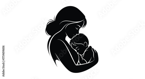 Elegant black and white silhouette of a mother gently holding her newborn baby, a symbol of maternal love and care