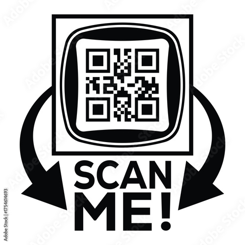 A bold, black and white vector graphic featuring a QR code centered in a square with targeting marks. Large arrows point to the text "SCAN ME!", creating a compelling call-to-action for immediate digi