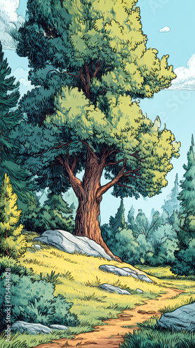 Vibrant Comic Book Style Illustration of Majestic Forest Tree and Woodland Path