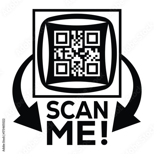 A bold, black and white vector graphic featuring a QR code centered in a square with targeting marks. Large arrows point to the text "SCAN ME!", creating a compelling call-to-action for immediate digi