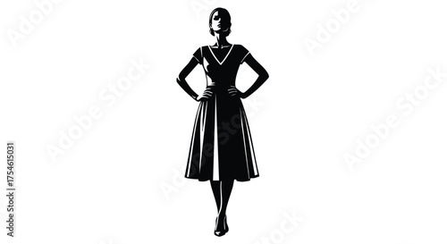 Elegant Woman in Vintage Dress Posing Confidently with Hands on Hips