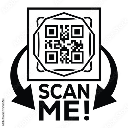 A bold, black and white vector graphic featuring a QR code centered in a square with targeting marks. Large arrows point to the text "SCAN ME!", creating a compelling call-to-action for immediate digi